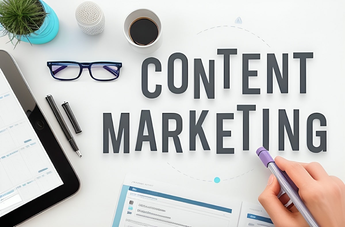vibrant 3D illustration of 'CONTENT MARKETING' text with these elements